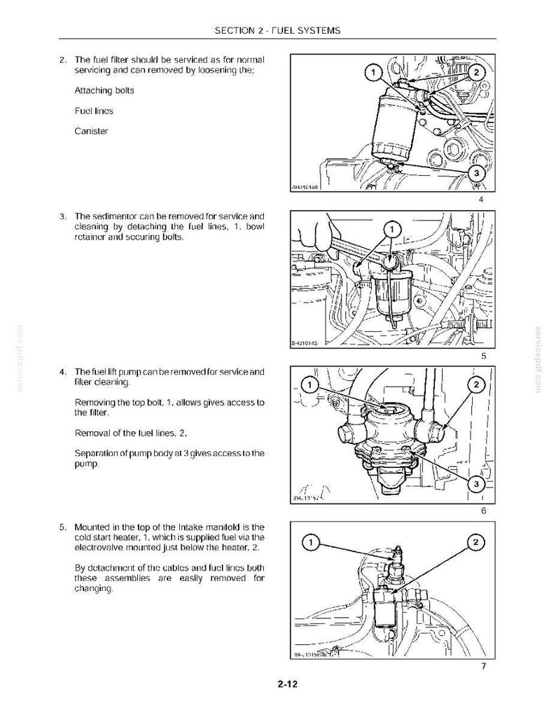 May include: A technical manual page titled SECTION 2 FUEL SYSTEMS containing four black and white line drawings with numbered callouts. The diagrams illustrate the removal and servicing procedures for a fuel filter, sedimentor, fuel lift pump, and cold start heater assembly with accompanying instructional text.