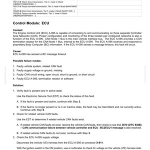 May include: A diagnostic document detailing fault codes for electrical systems. The text describes a CAN communication failure between a vehicle controller and ECU, including possible causes, solutions, and voltage checks. The document includes tables and technical information.