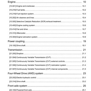 May include: A page from a manual titled "Contents" with a list of engine and transmission components. The list includes sections on fuel tanks, air cleaners, and drive shafts. The page is white with black text.