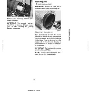 May include: Image from a manual detailing how to clean a primary element. The text includes instructions on using compressed air and safety precautions. The image shows the element and a compressed air gun.