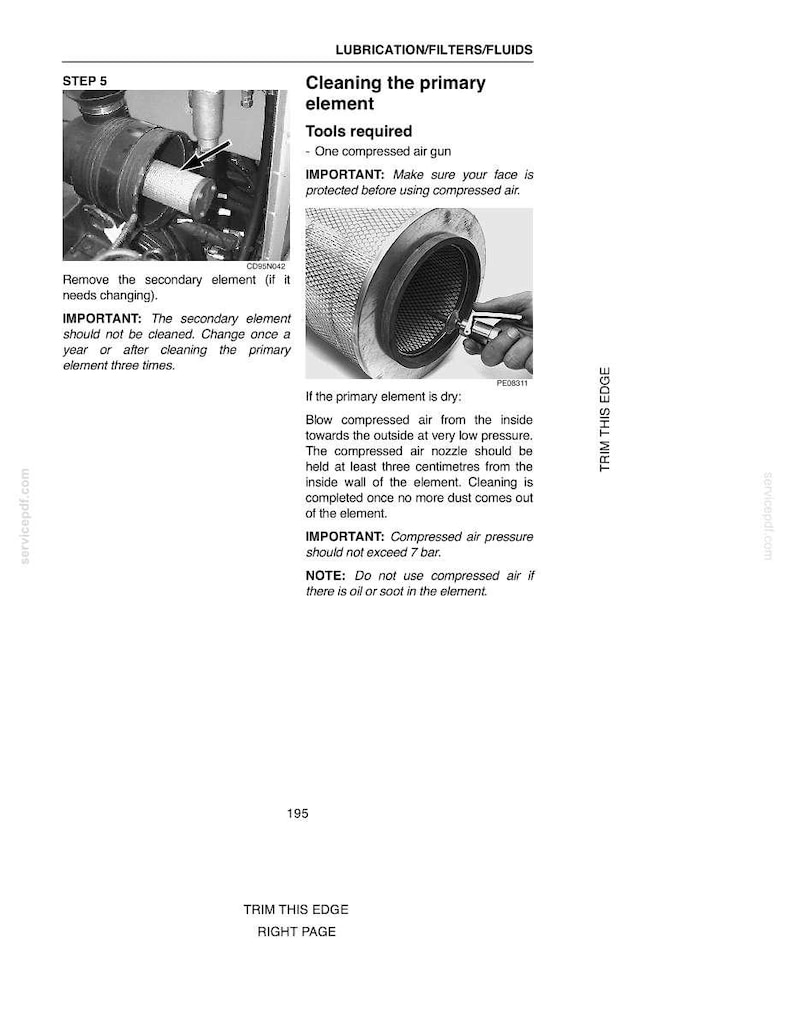 May include: Image from a manual detailing how to clean a primary element. The text includes instructions on using compressed air and safety precautions. The image shows the element and a compressed air gun.