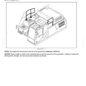 May include: Isometric view of a machine with guardrails installed on the upperframe. The guardrails are black and are designed to protect the operator. The height of the guardrails is 130.31 inches.