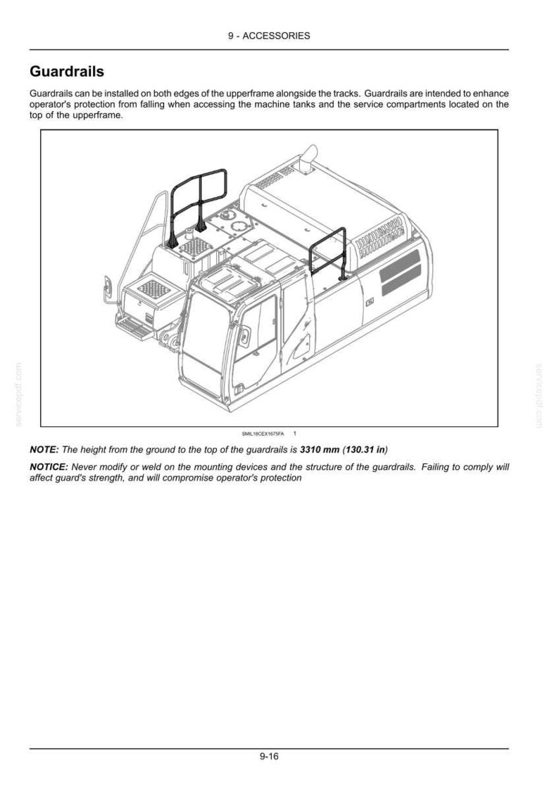 May include: Isometric view of a machine with guardrails installed on the upperframe. The guardrails are black and are designed to protect the operator. The height of the guardrails is 130.31 inches.