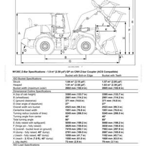 May include: A technical specification diagram for a W130C Z-Bar wheel loader, featuring a side-profile line drawing of the heavy machinery with labeled dimensions A through L and a detailed table listing bucket and load specifications in imperial units.