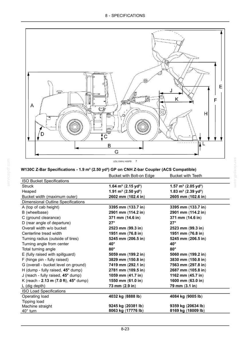 May include: A technical specification diagram for a W130C Z-Bar wheel loader, featuring a side-profile line drawing of the heavy machinery with labeled dimensions A through L and a detailed table listing bucket and load specifications in imperial units.