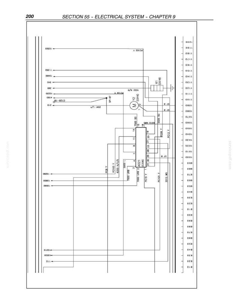 May include: A detailed schematic diagram of an electrical system, featuring numerous lines, labels, and components. The diagram includes text such as "SECTION 55 - ELECTRICAL SYSTEM - CHAPTER 9" and various numerical references.