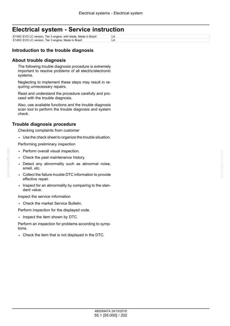 Puede incluir: Documento blanco titulado "Sistema el&eacute;ctrico - Instrucciones de servicio" con texto que detalla los procedimientos de diagn&oacute;stico de problemas para sistemas el&eacute;ctricos. Incluye instrucciones para verificar quejas y realizar inspecciones.