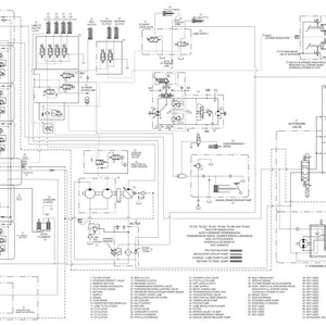 May include: A detailed engineering schematic diagram with numerous interconnected components, lines, and labels. The diagram is in black and white, illustrating a complex system with various symbols and text annotations. The layout is intricate, suggesting a technical or mechanical system.