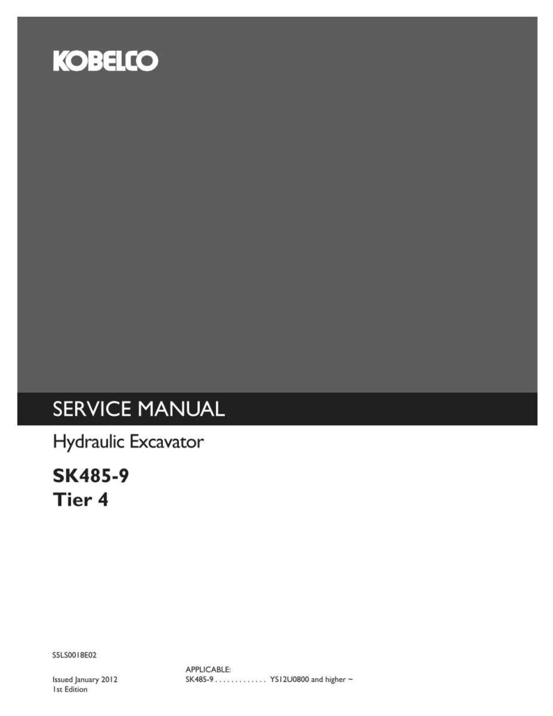 May include: A grey service manual for a Kobelco hydraulic excavator, model SK485-9, Tier 4. The cover features the white Kobelco logo at the top, with the text Service Manual, Hydraulic Excavator, SK485-9, and Tier 4 printed in black below.