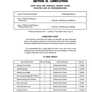 May include: A black and white technical diagram for "350," "500B," and "600B" series tractors. The diagram includes lubrication instructions, oil recommendations, and a 10-hour service chart detailing items to be serviced, number of fittings, type of lubricant, and amount.