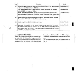 May include: A technical document page containing assembly instructions for pumps and a lubricant change procedure. The text outlines steps 10 through 13, detailing the use of Allen and monkey wrenches, torque specifications, and fluid maintenance.