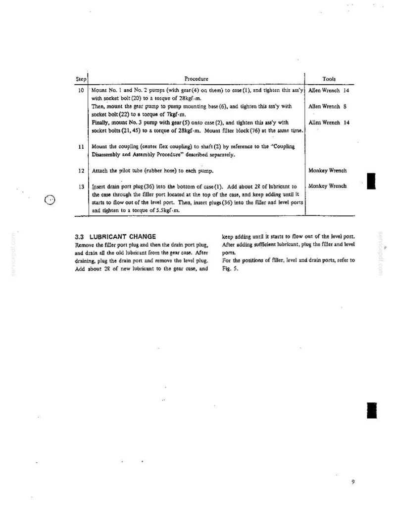 May include: A technical document page containing assembly instructions for pumps and a lubricant change procedure. The text outlines steps 10 through 13, detailing the use of Allen and monkey wrenches, torque specifications, and fluid maintenance.