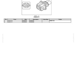 May include: Diagram of an air filter restriction switch (87691371) plug, with two views: a circular connector with two numbered pins and a rectangular plug with multiple pins. Includes a table with pin, wire, and description details.