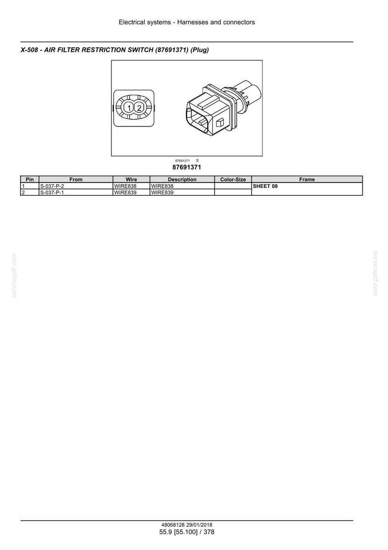May include: Diagram of an air filter restriction switch (87691371) plug, with two views: a circular connector with two numbered pins and a rectangular plug with multiple pins. Includes a table with pin, wire, and description details.