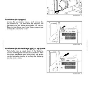 May include: Diagrams from a maintenance manual showing the air cleaner and pre-cleaner components of a machine. The diagrams are in black and white and include arrows pointing to specific parts.