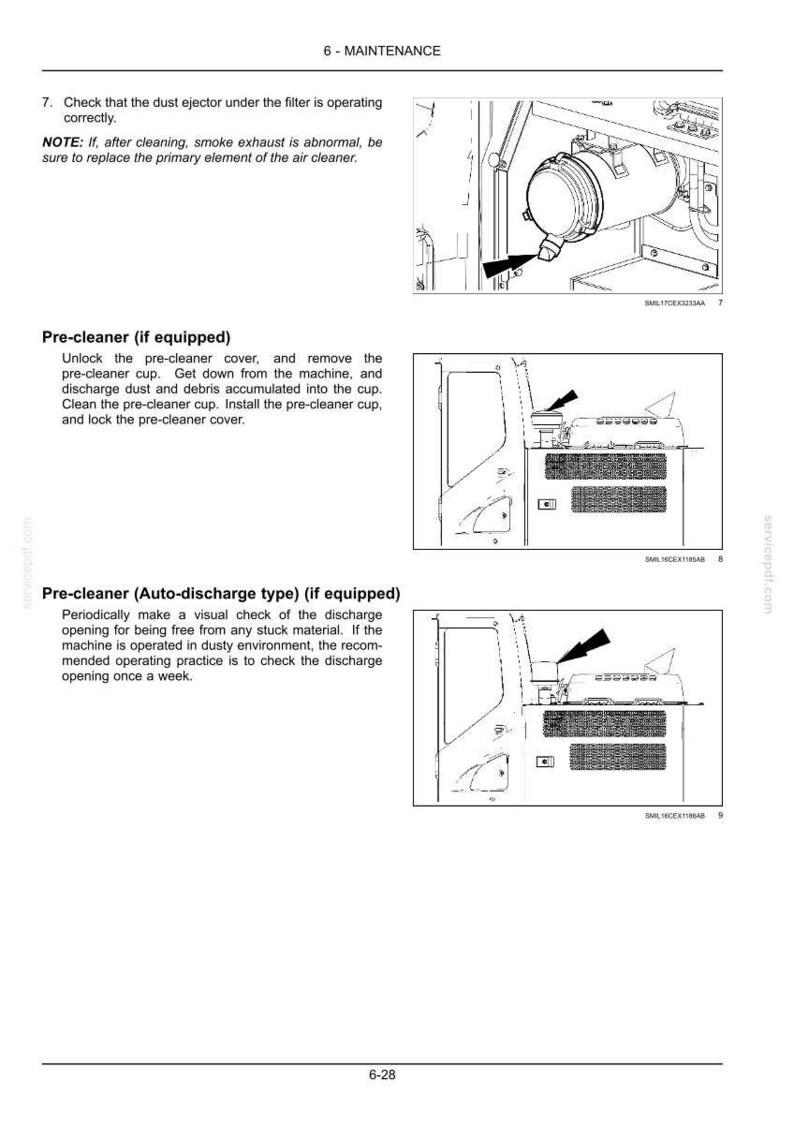 May include: Diagrams from a maintenance manual showing the air cleaner and pre-cleaner components of a machine. The diagrams are in black and white and include arrows pointing to specific parts.