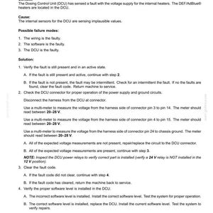 May include: A document titled "Electrical systems - FAULT CODES" with fault code 19075. The text describes the issue of reagent suction tube heating, open circuit, and provides troubleshooting steps. Includes voltage measurements.