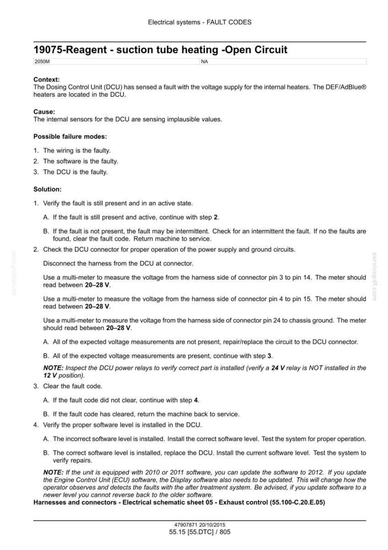 May include: A document titled "Electrical systems - FAULT CODES" with fault code 19075. The text describes the issue of reagent suction tube heating, open circuit, and provides troubleshooting steps. Includes voltage measurements.