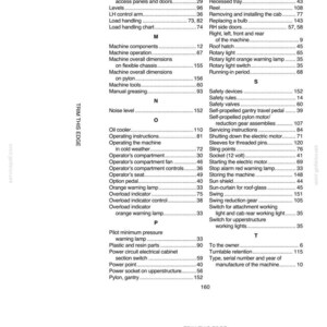 May include: A black and white alphabetical index page from a service manual. The index lists various machine components, operations, and safety features. The text includes terms like "Rotary light," "Safety valves," and "Overload indicator."