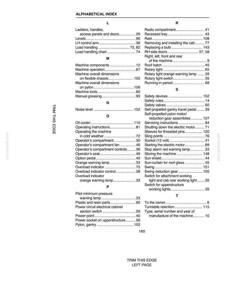 May include: A black and white alphabetical index page from a service manual. The index lists various machine components, operations, and safety features. The text includes terms like "Rotary light," "Safety valves," and "Overload indicator."
