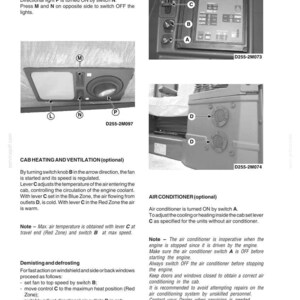 May include: Diagram of a vehicle's cab interior, showing controls for lighting, air conditioning, and ventilation. Includes switches, knobs, and a display screen. The image is from a manual, with labels and instructions.