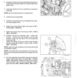 May include: Diagram of air conditioning compressor installation steps, including placement, screw tightening, and hose connections. Measurements are provided in lb ft and N-m.