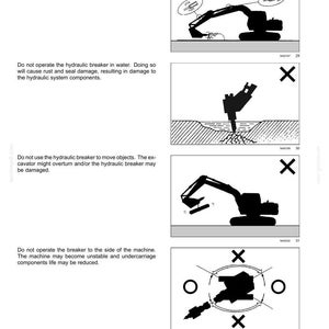 May include: Diagrams illustrating safety precautions for hydraulic breaker operation. The images show scenarios to avoid, such as operating in water or moving objects. Each illustration includes a red "X" symbol, indicating a prohibited action.