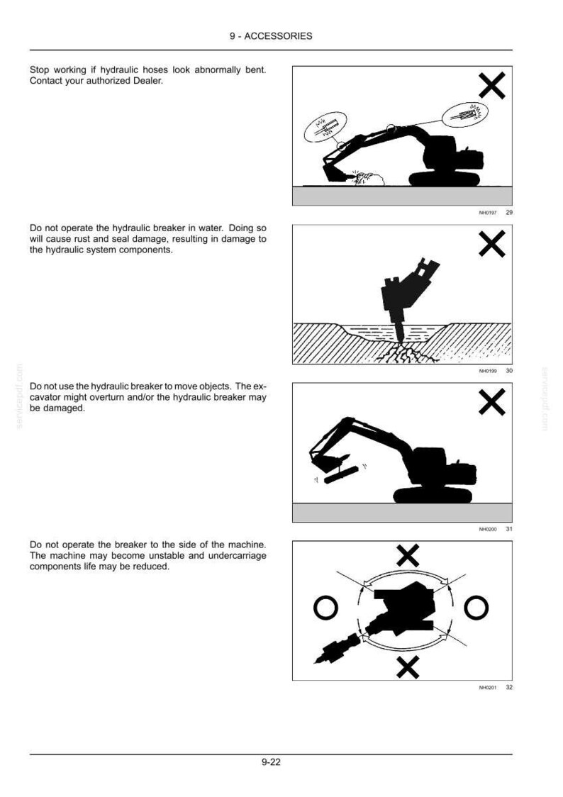 May include: Diagrams illustrating safety precautions for hydraulic breaker operation. The images show scenarios to avoid, such as operating in water or moving objects. Each illustration includes a red "X" symbol, indicating a prohibited action.