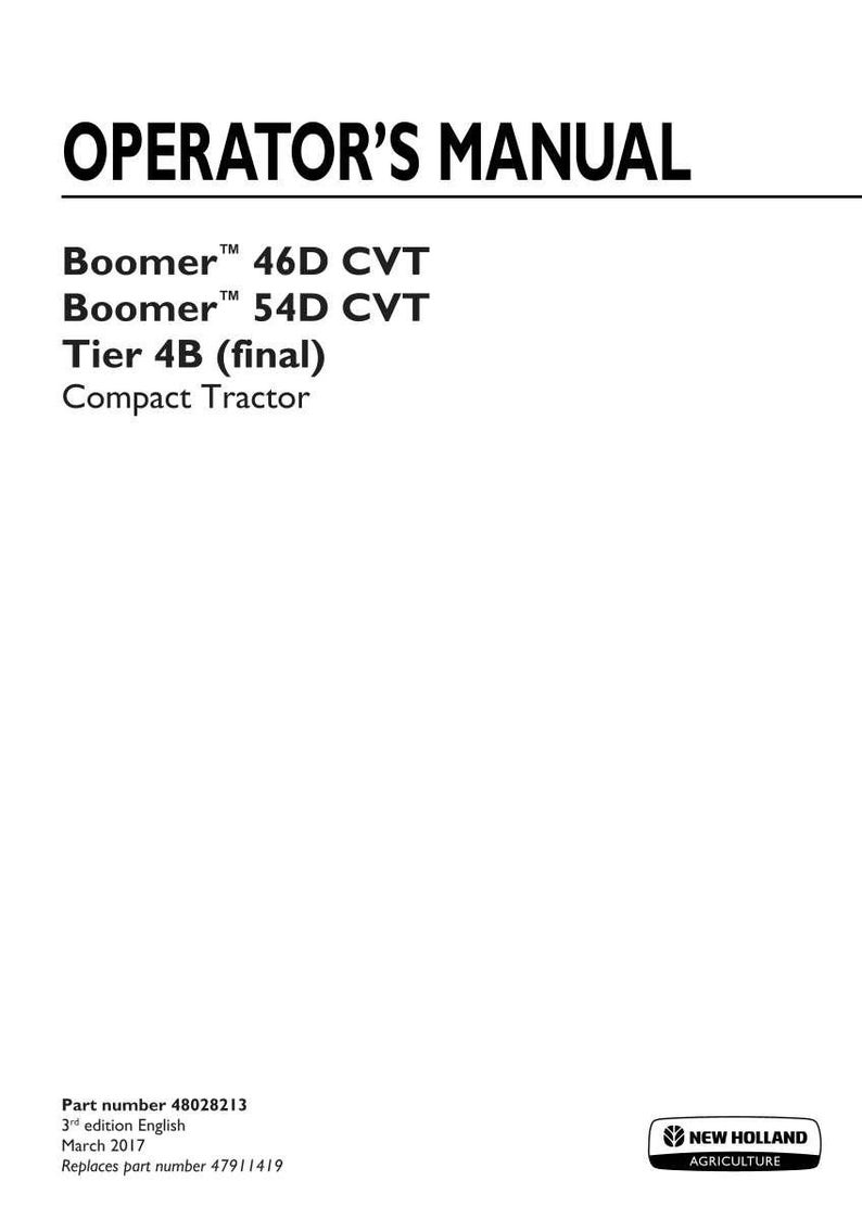 New Holland Boomer 46d CVT, Boomer 54d CVT Tier 4b (final) Compact Tractor Operator Owners Operation Manual | Instant PDF Download image 3