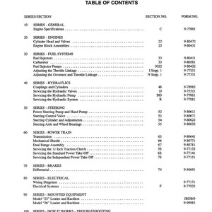 May include: A black and white document titled "480 LOADER TABLE OF CONTENTS". The document lists various sections including engines, fuel systems, hydraulics, steering, power train, brakes, electrical, and mounted equipment.