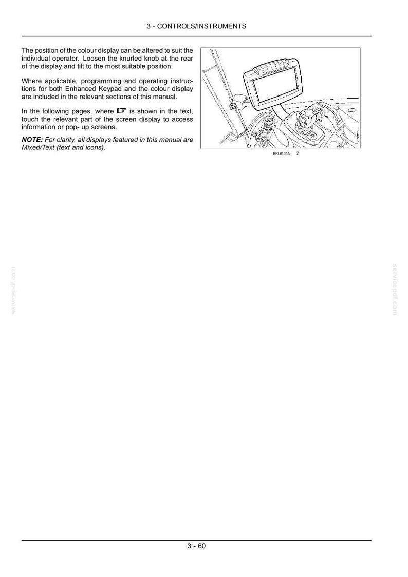 Peut inclure: Une page de manuel technique intitul&eacute;e 3 - CONTROLS/INSTRUMENTS pr&eacute;sentant un dessin au trait d'un &eacute;cran d'affichage de v&eacute;hicule et d'une console de commande. Le texte explique comment r&eacute;gler la position de l'&eacute;cran et utiliser l'interface tactile.