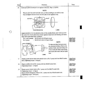 May include: A technical manual page numbered 29, detailing mechanical assembly steps 10 through 13 for hydraulic pumps. It includes diagrams of a port plate and cylinder block, instructions for bolt torque specifications, and a list of required Allen wrench sizes.