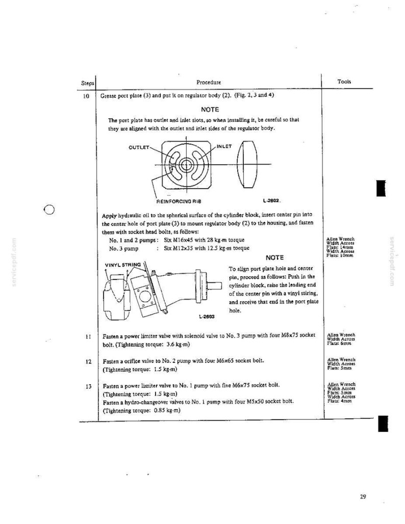 May include: A technical manual page numbered 29, detailing mechanical assembly steps 10 through 13 for hydraulic pumps. It includes diagrams of a port plate and cylinder block, instructions for bolt torque specifications, and a list of required Allen wrench sizes.