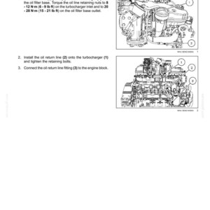 May include: Diagram of a turbocharger oil supply line installation. The text reads "Turbocharger oil supply line - Install" with instructions and diagrams showing the oil supply line, oil filter base, and engine block.