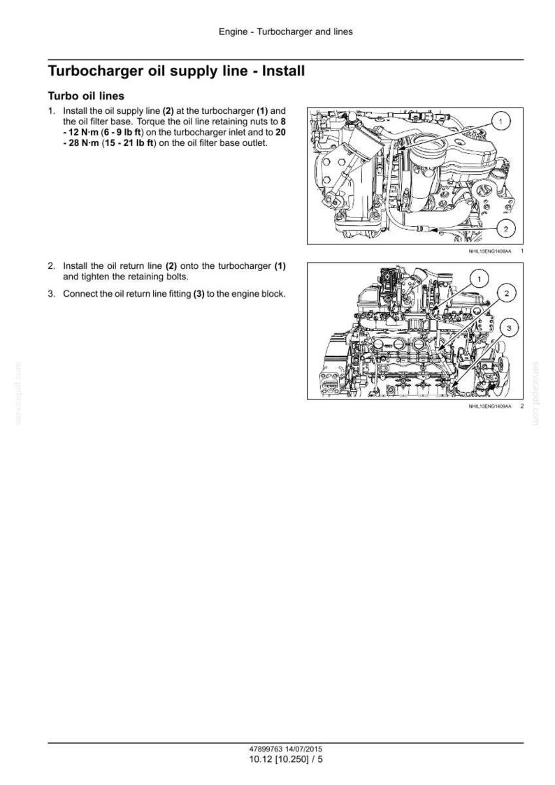 May include: Diagram of a turbocharger oil supply line installation. The text reads "Turbocharger oil supply line - Install" with instructions and diagrams showing the oil supply line, oil filter base, and engine block.