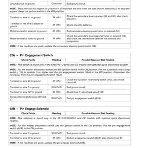 May include: A detailed technical document with tables and text, providing instructions for checking and troubleshooting a secondary steering pump/motor, pin engagement switch, and pin engage solenoid. Includes voltage and continuity readings.