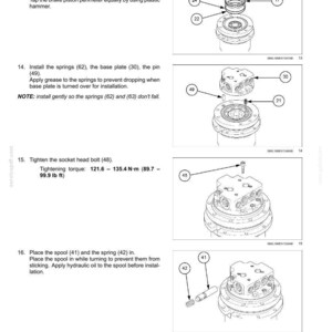 May include: Diagram of hydraulic system components with labels and instructions. Includes images of O-rings, springs, base plates, and bolts. Text includes tightening torque specifications in Newton-metres and pound-feet.