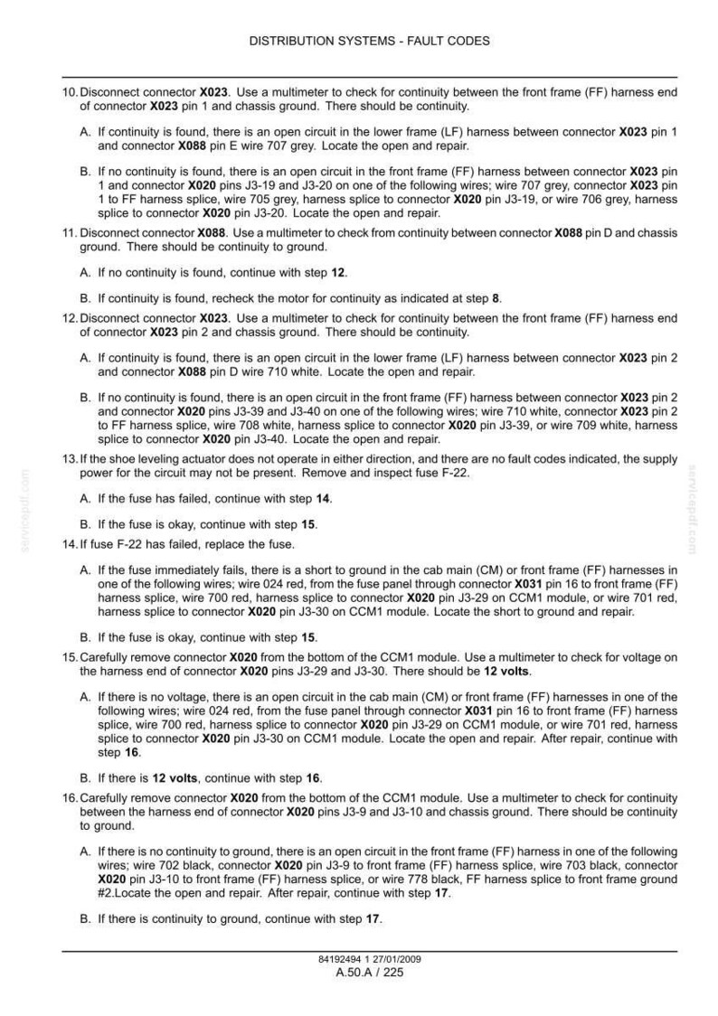 May include: A document with troubleshooting steps for distribution systems fault codes. The text includes instructions for checking continuity, voltage, and fuse replacement, with diagrams and connector references.