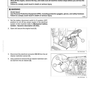 May include: Diagram of an engine's air cleaner restriction sensor removal process. The image includes warnings, numbered steps, and illustrations of the engine components. Text includes safety instructions and part identification.