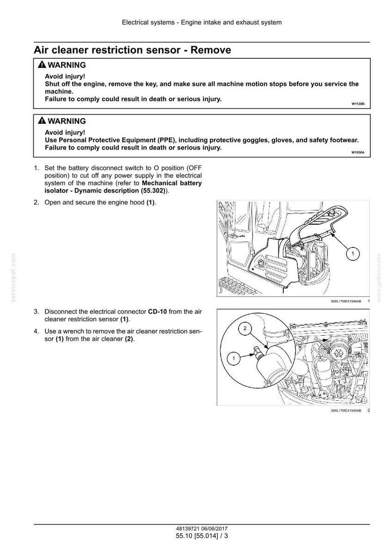 May include: Diagram of an engine's air cleaner restriction sensor removal process. The image includes warnings, numbered steps, and illustrations of the engine components. Text includes safety instructions and part identification.
