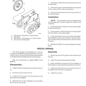 May include: Diagram of a sprocket assembly with numbered parts and instructions for removal and installation. Includes a recoil spring assembly with disassembly and assembly steps. Text includes measurements in pounds and pound-feet.