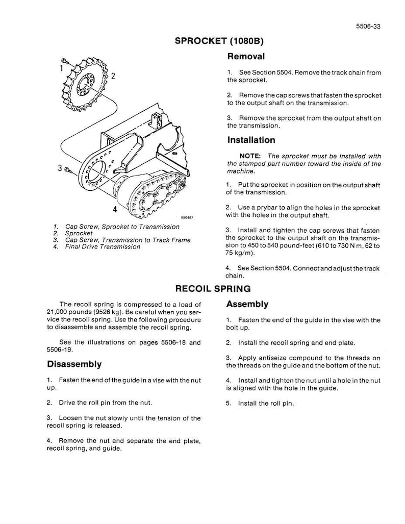 May include: Diagram of a sprocket assembly with numbered parts and instructions for removal and installation. Includes a recoil spring assembly with disassembly and assembly steps. Text includes measurements in pounds and pound-feet.