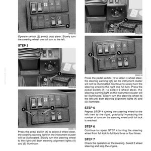 May include: Black and white diagram of a vehicle's dashboard controls. The image shows multiple steps for operating the steering wheel, including pressing pedal switches and turning the wheel. Text includes instructions and step numbers.