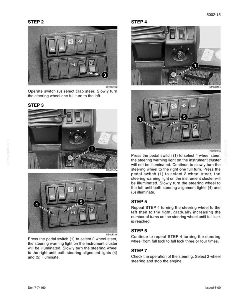 May include: Black and white diagram of a vehicle's dashboard controls. The image shows multiple steps for operating the steering wheel, including pressing pedal switches and turning the wheel. Text includes instructions and step numbers.
