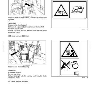 May include: A technical document page titled 2-SAFETY INFORMATION featuring two safety warnings. The first shows a pressurized system hazard with a cylinder icon and manual reference. The second shows an explosion hazard with an ether warning icon.