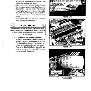 Op de afbeelding: Een zwart-wit technische handleidingpagina getiteld Section IV- MAINTENANCE, met instructies voor de radiator, oliekoeler, vuilzeef en koelvloeistoffilter. Het bevat drie gelabelde diagrammen die de toegangsklep van de koelvloeistoftank, de vuilzeef en het koelvloeistoffilter tonen.