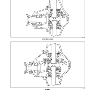 May include: Technical diagram of 407 and 409 axles and 411 axle. The diagrams are black and white line drawings, showing the internal components of the axles. The text "407 AND 409 AXLES" and "411 AXLE" are included.
