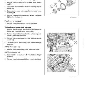 Puede incluir: Diagrama de componentes del motor con instrucciones para la extracci&oacute;n del conjunto de la bomba de agua y del turbocompresor. Incluye pasos numerados e ilustraciones de piezas como el adaptador, el espaciador, la polea del ventilador y varias tuber&iacute;as.