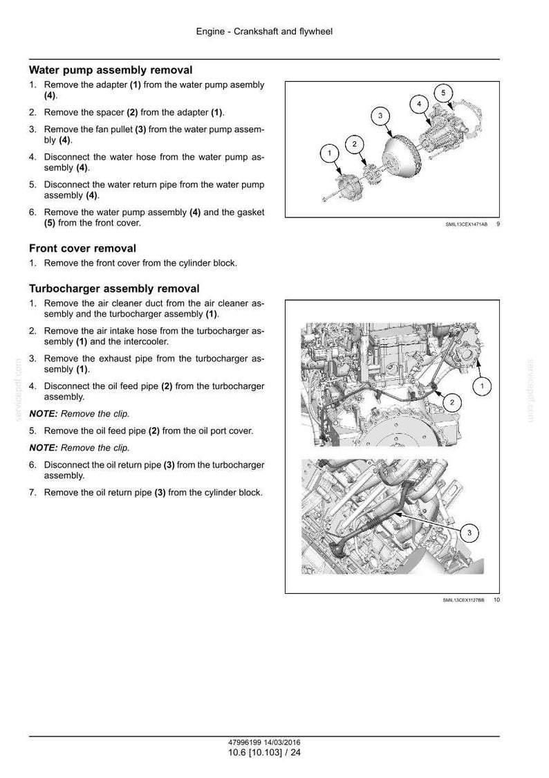 Puede incluir: Diagrama de componentes del motor con instrucciones para la extracci&oacute;n del conjunto de la bomba de agua y del turbocompresor. Incluye pasos numerados e ilustraciones de piezas como el adaptador, el espaciador, la polea del ventilador y varias tuber&iacute;as.