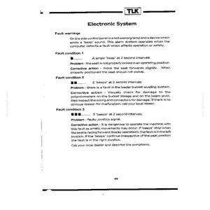 May include: A technical document page titled Electronic System for TLK equipment. It details fault warnings, including a red warning lamp and audible beep patterns for three specific fault conditions, providing problem descriptions and corrective actions.